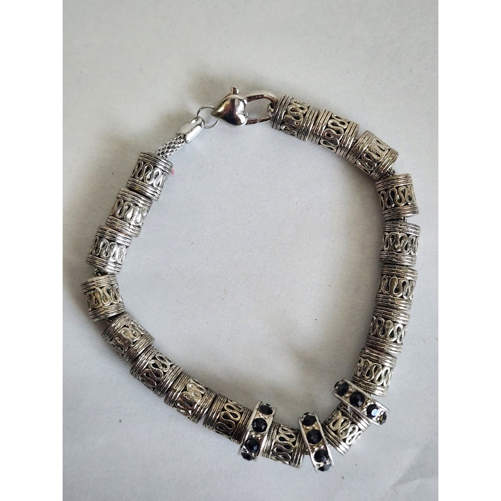 Silver Tone Filigree Barrel Bead Bracelet Black Rhinestone Heart Clasp Boho